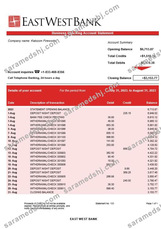 East West Bank firm account statement Word and PDF template